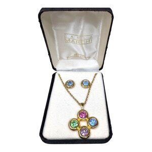 Vintage Carla Marchi Gold Multi Gemstone Pendant Necklace Earring Set Blue Topaz